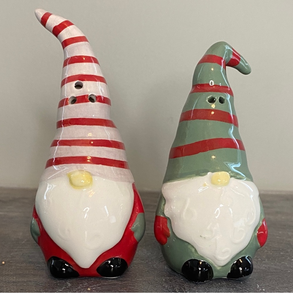 Christmas Salt & Pepper Shakers Red & Green Gnome Ceramic Holiday Gnomes
